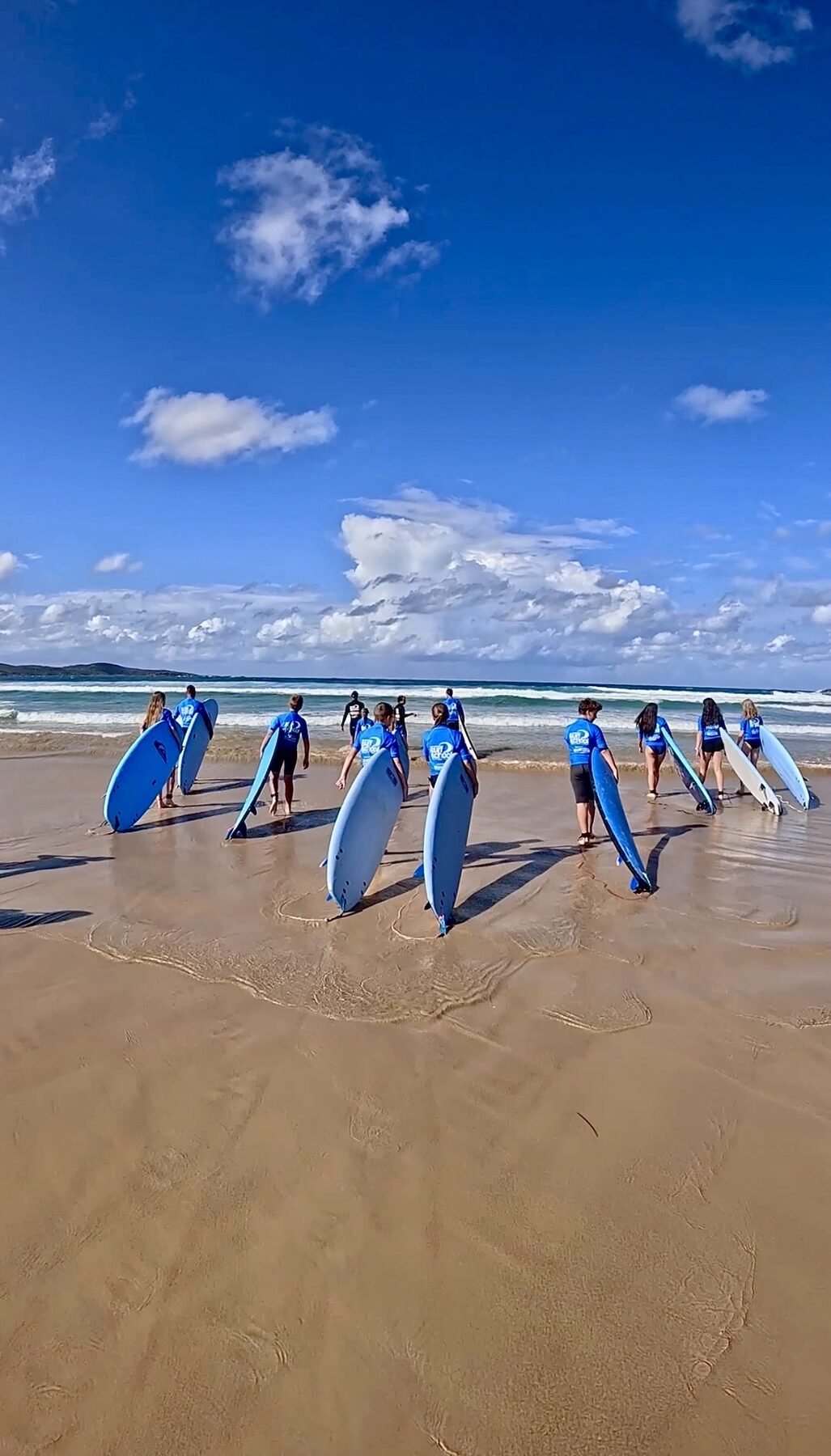 Row of soft-top surfboards on the sand ready for a lesson